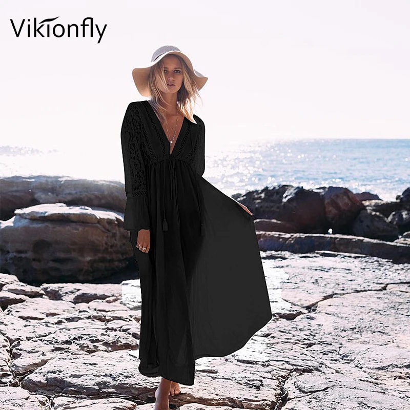Длинная кружевная Пляжная накидка Vikionfly бикини летний купальник 2020 пляжная