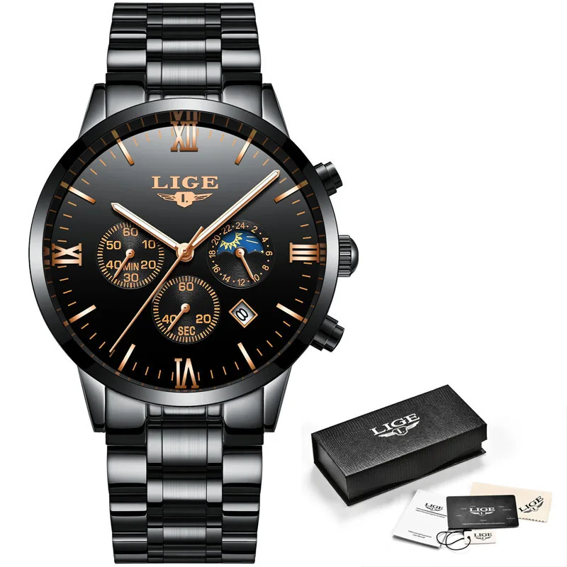 Мужские часы Топ люксовый бренд LIGE мужские спортивные полностью стальные
