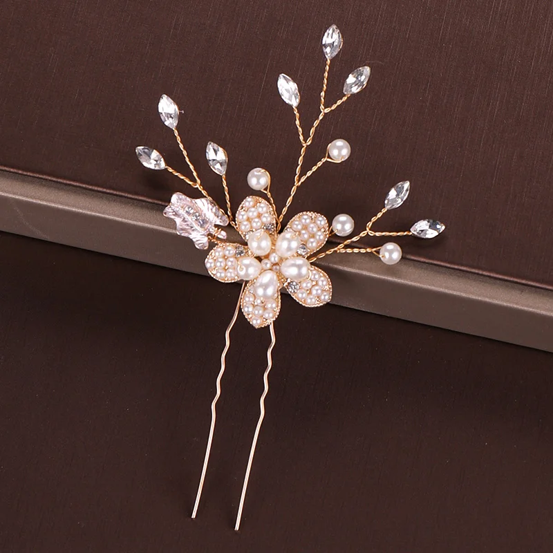 Gold Pearl Tiara Hairpin Clip Crystal Rhinestone Hair Jewelry For Women Flower Handmade Headband Wedding Bridal Hair Accessories