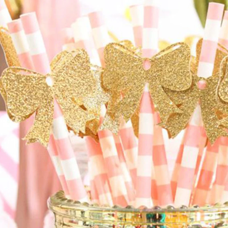 

Baby Shower Drinking Paper Straws Wedding Birthday Gold Bow-knot Straws Christmas Decoration for Home Party Event Supplies ST007