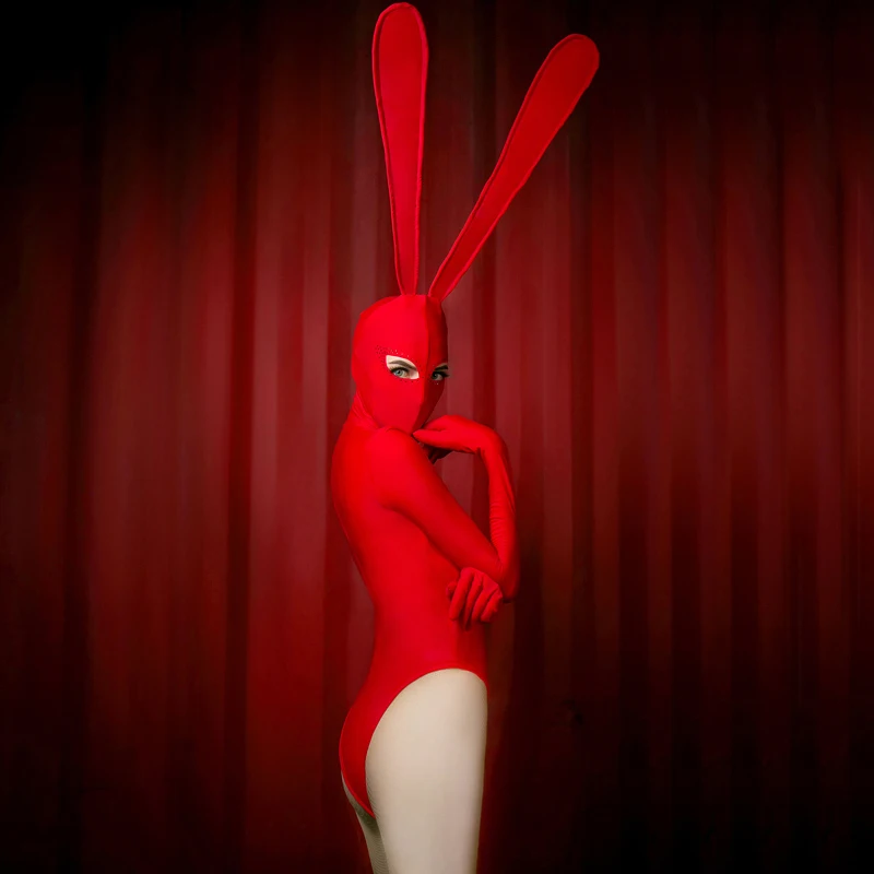 Sexy Dance Bunny Girl Red Bodysuit Costume Night Club Cosplay Clothing Fancy High Ears Rabbit Role Playing Uniform for Women