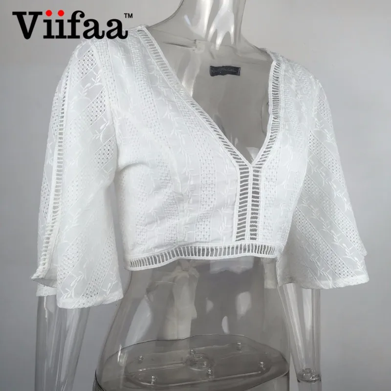 Viifaa, летняя белая рубашка, льняные блузки для женщин, с расклешенными рукавами, с вышивкой, Короткие топы, сексуальные, v-образный вырез, открытая спина, короткий топ, блузка