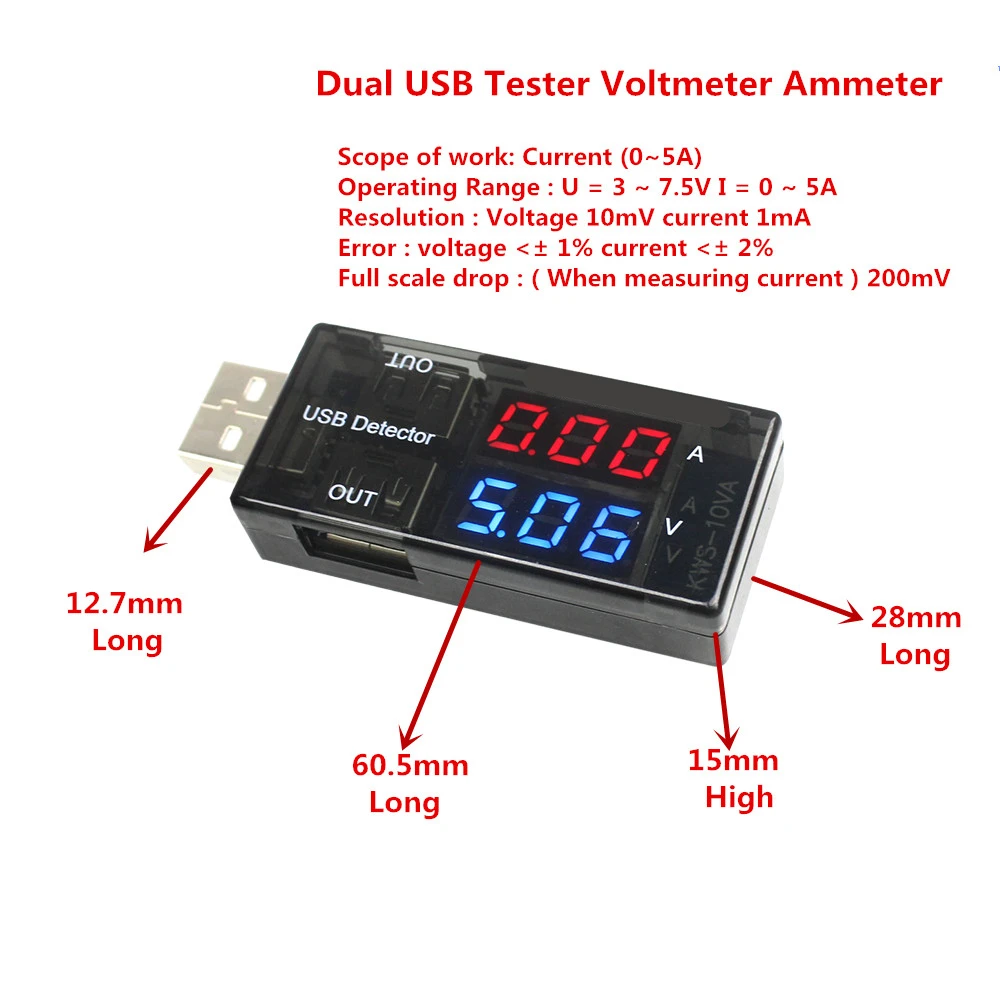 USB-тестер для измерения напряжения USB-измеритель амперметр двухрядный индикатор