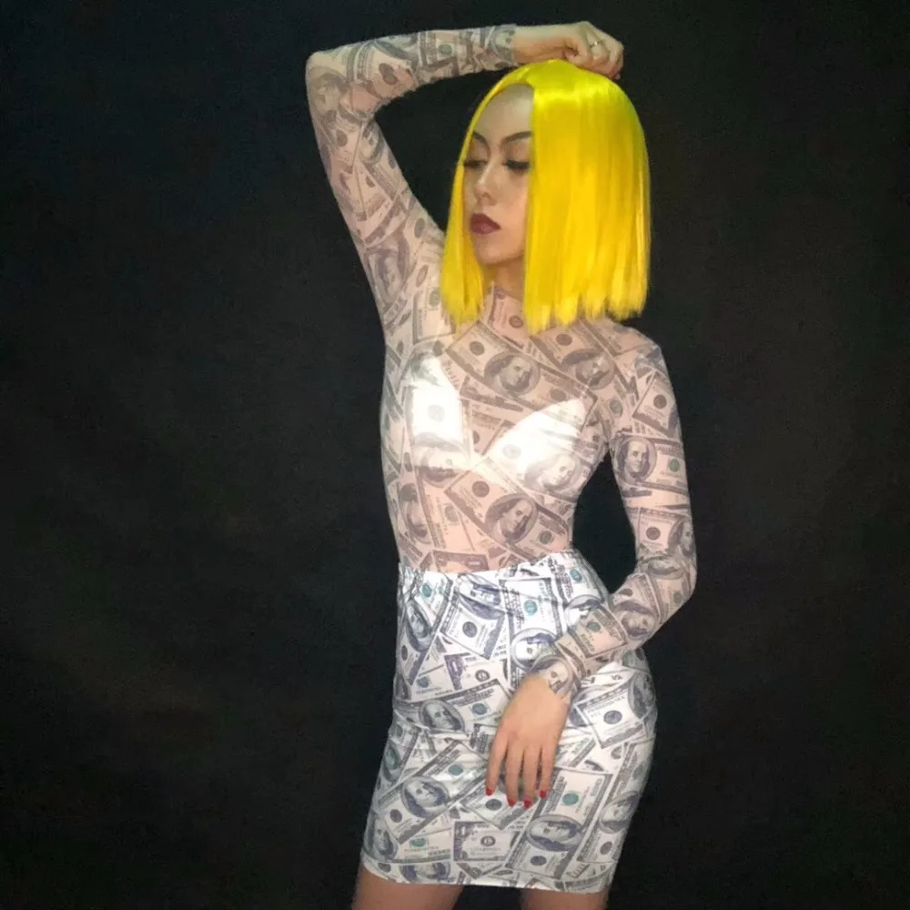 

Women Sexy Stage Costumes Net Yarn Transparent Bodysuit Spandex Short Skirt Dollars Pattern 3D Printed Nightclub Party Costumes