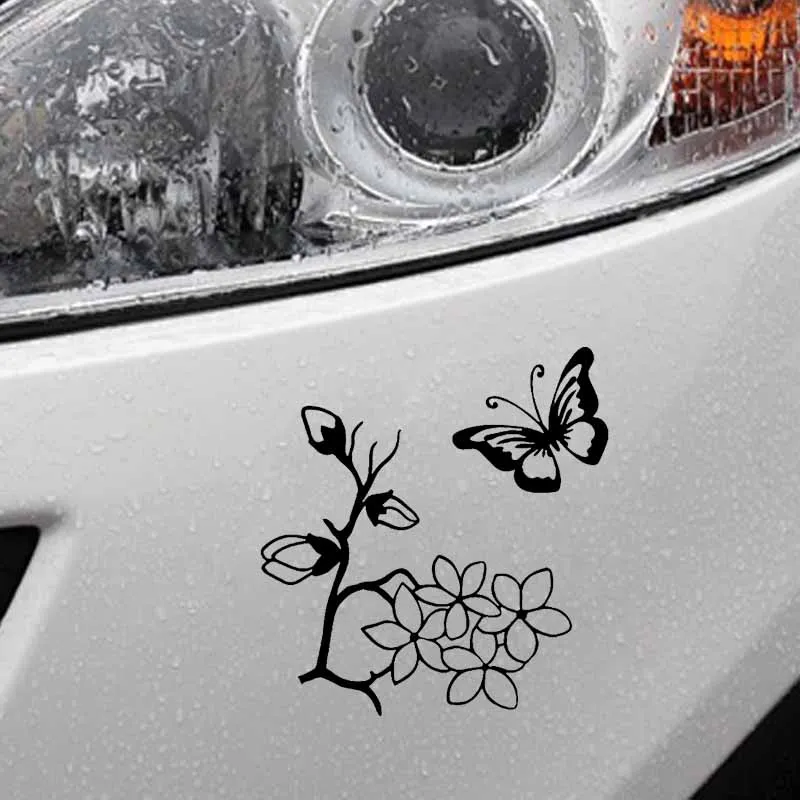 YJZT 15.2CM*16.2CM Cartoon Butterfly With Branches And Leaves Original Vinyl Decal Cool Car Sticker Black/Silver C19-0625 | Автомобили и