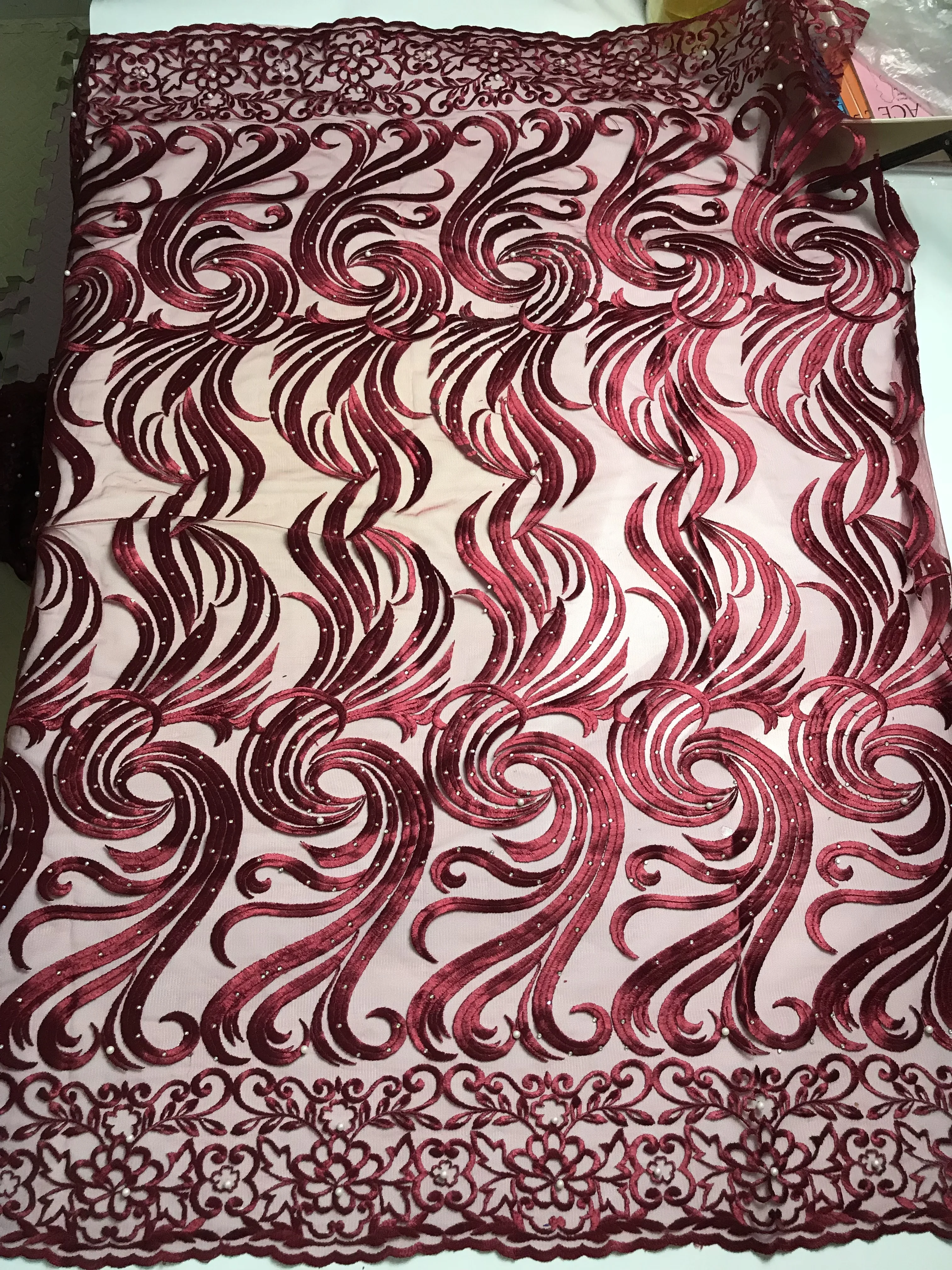 Винно красный африканский тюль кружево бисер французское камни сетка