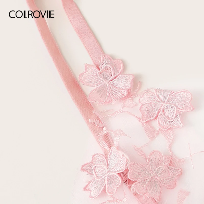 COLROVIE, розовый комплект кружевного белья с аппликацией, женское Прозрачное нижнее белье,, прозрачное нижнее белье, бюстгальтер и трусы