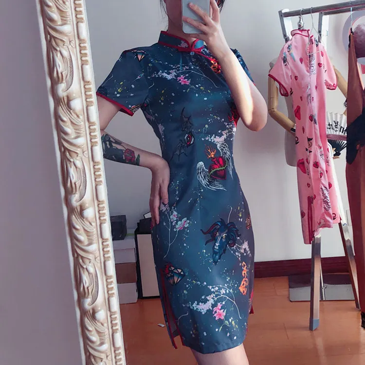 Модные платья Cheongsam с милым принтом в китайском стиле женские атласные Qipao