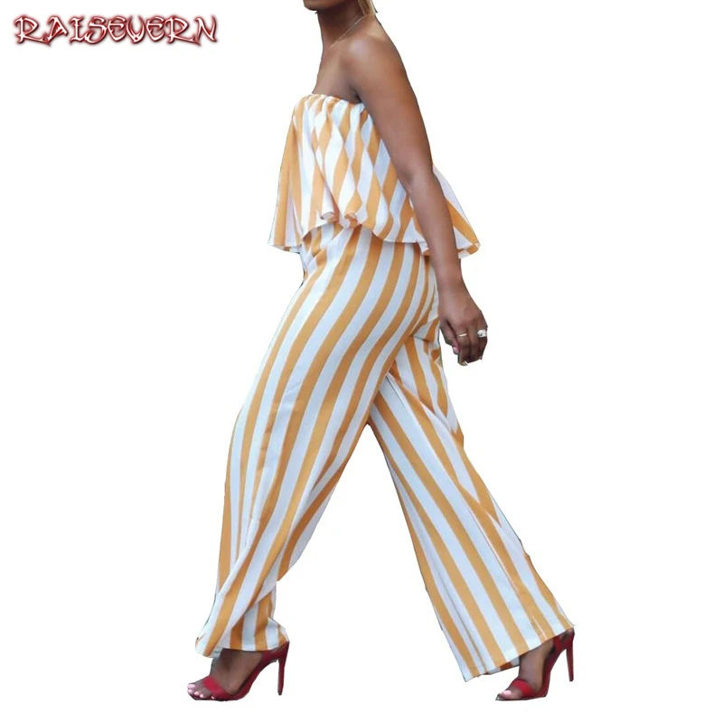 Женский полосатый комбинезон без бретелек RAISEVERN с оборками и открытыми плечами