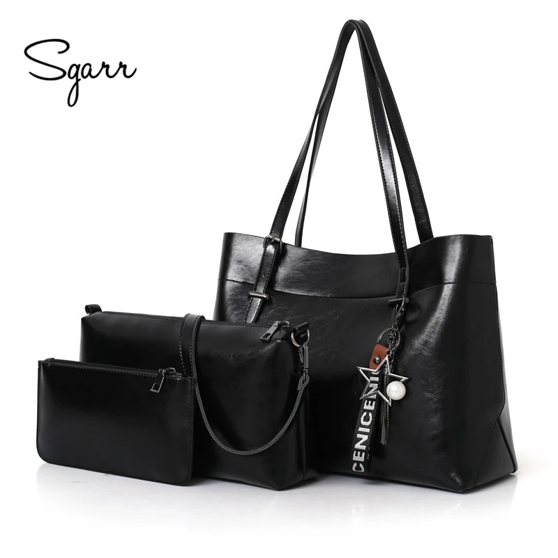 

SGARR Soft Oil Wax PU Leather Women Handbags High Quality 3 Pieces Set Shoulder Bag Famous Designer Large Capacity Tote Bag