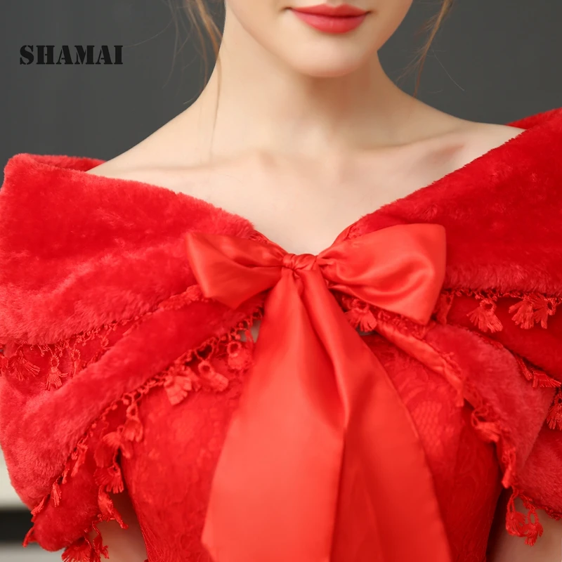SHAMAI, женская накидка из искусственного меха, зима-осень, теплая, свадебная, кружевная, меховая накидка, болеро, шарф, свадебные, вечерние, накидка