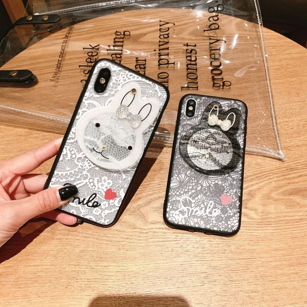Кружевной чехол для телефона с зеркалом макияжа Iphone 7 XR XS Max 8 6S Plus милый кролик