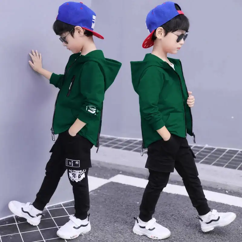 Spring & Autumn Polyester Boy Sets 2021 Korean Version Movement Fashion Two-Piece Handsome Hooded Casual Children's Clothing |