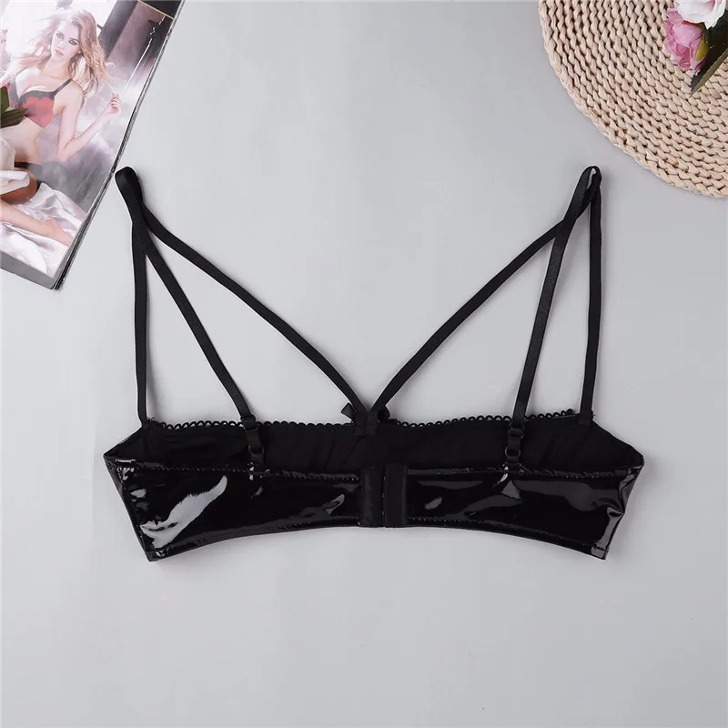 Sexy Womens Soft Sheer Adjustable Spaghetti Straps Open Cups Bra Lingerie Faux Leather Wire-free Unlined Bra Tops Bralette Black