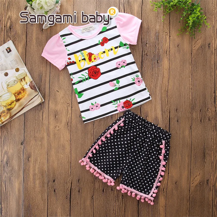 SAMGAMI летняя Милая одежда для маленьких девочек комплект из хлопковой футболки и