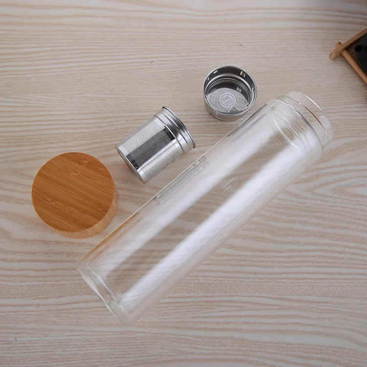 350ml 450ml glass Water bottles for dink tea with infuser bamboo lid Double Wall Bottle water brief Portable outdoor | Дом и сад