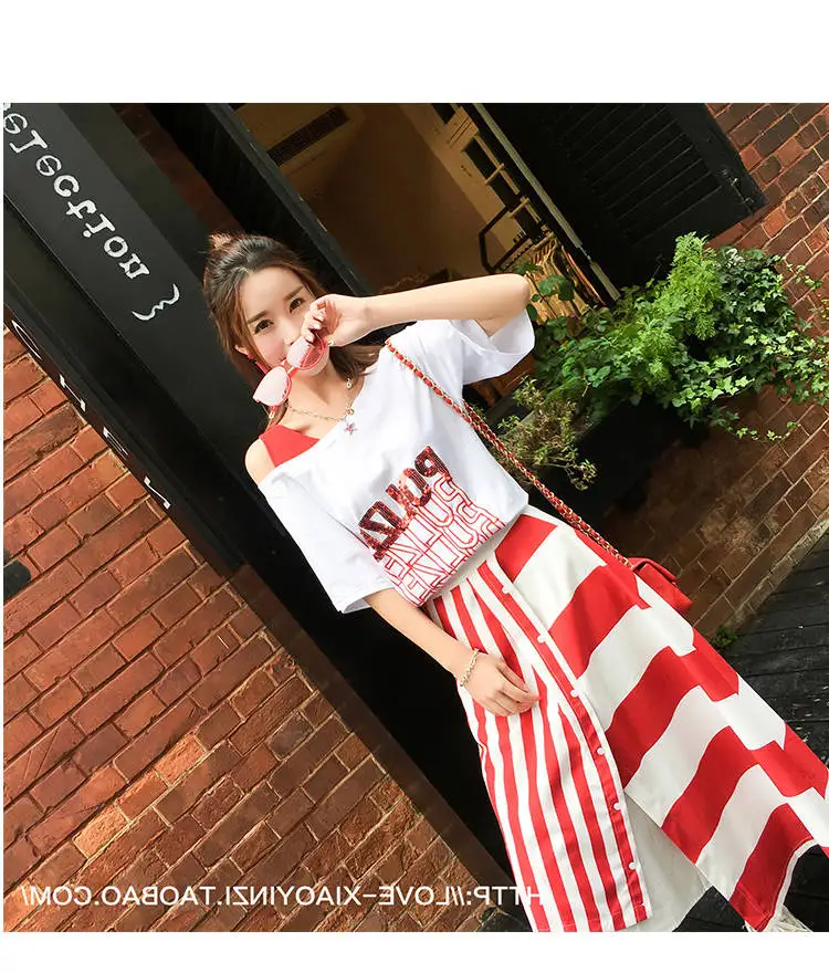 Комплект из двух предметов, Женский Топ с блестками и буквенным принтом и асимметричные юбки, костюмы, новинка, без бретелек, короткий рукав, футболка и Полосатая юбка, комплект
