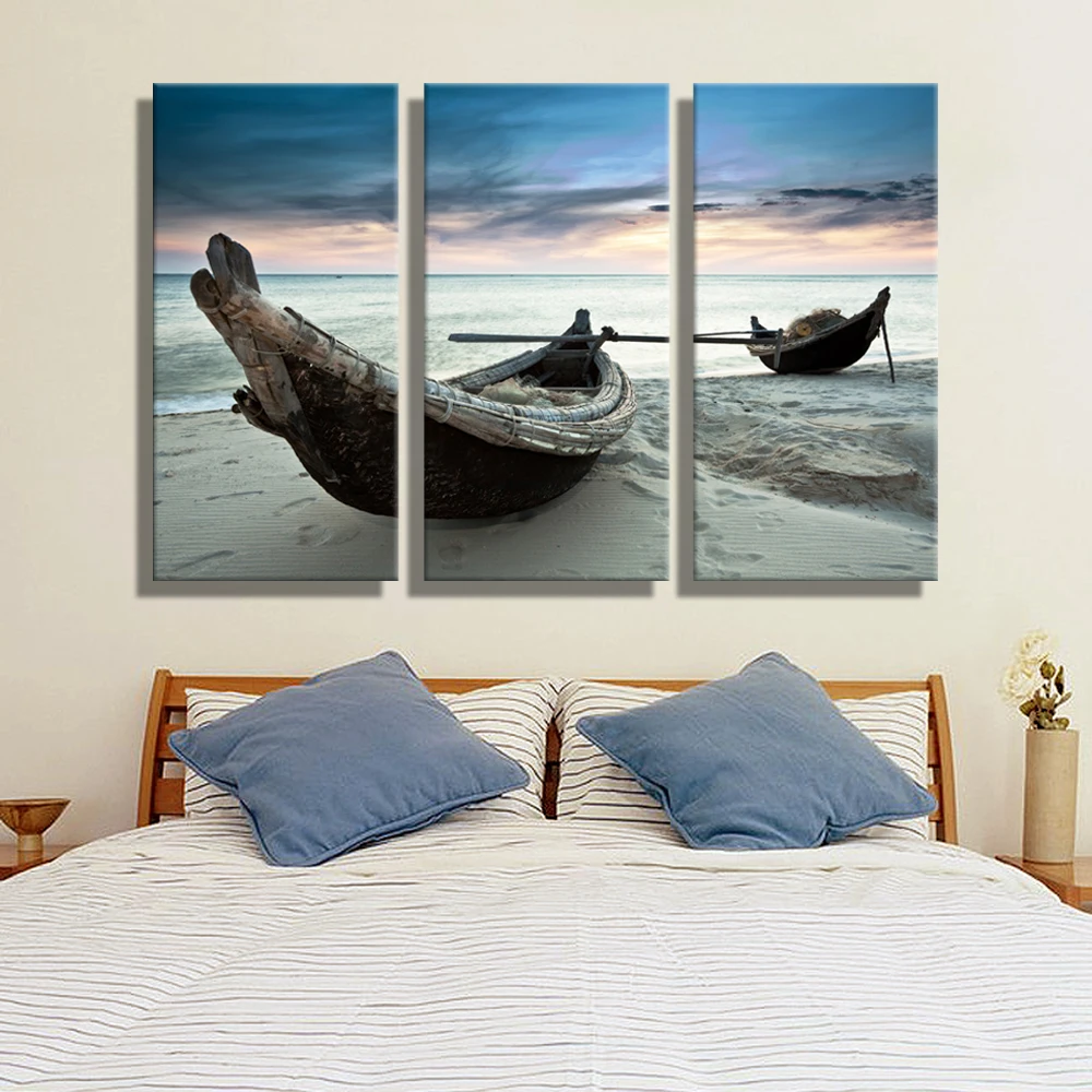 Drop shipping Oil Painting Canvas Beach Landscape Boat Wall Art Home Decor Modern Picture For Living Room 3 PCS No Frame | Дом и сад