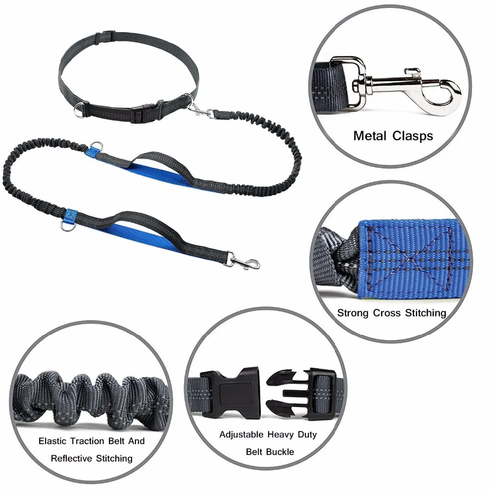 Dog Leash Dual Handle Hands Free Running Shock Absorbing Extendible Bungee Reflective Stitching Adjustable Waist Belt|Поводки| |