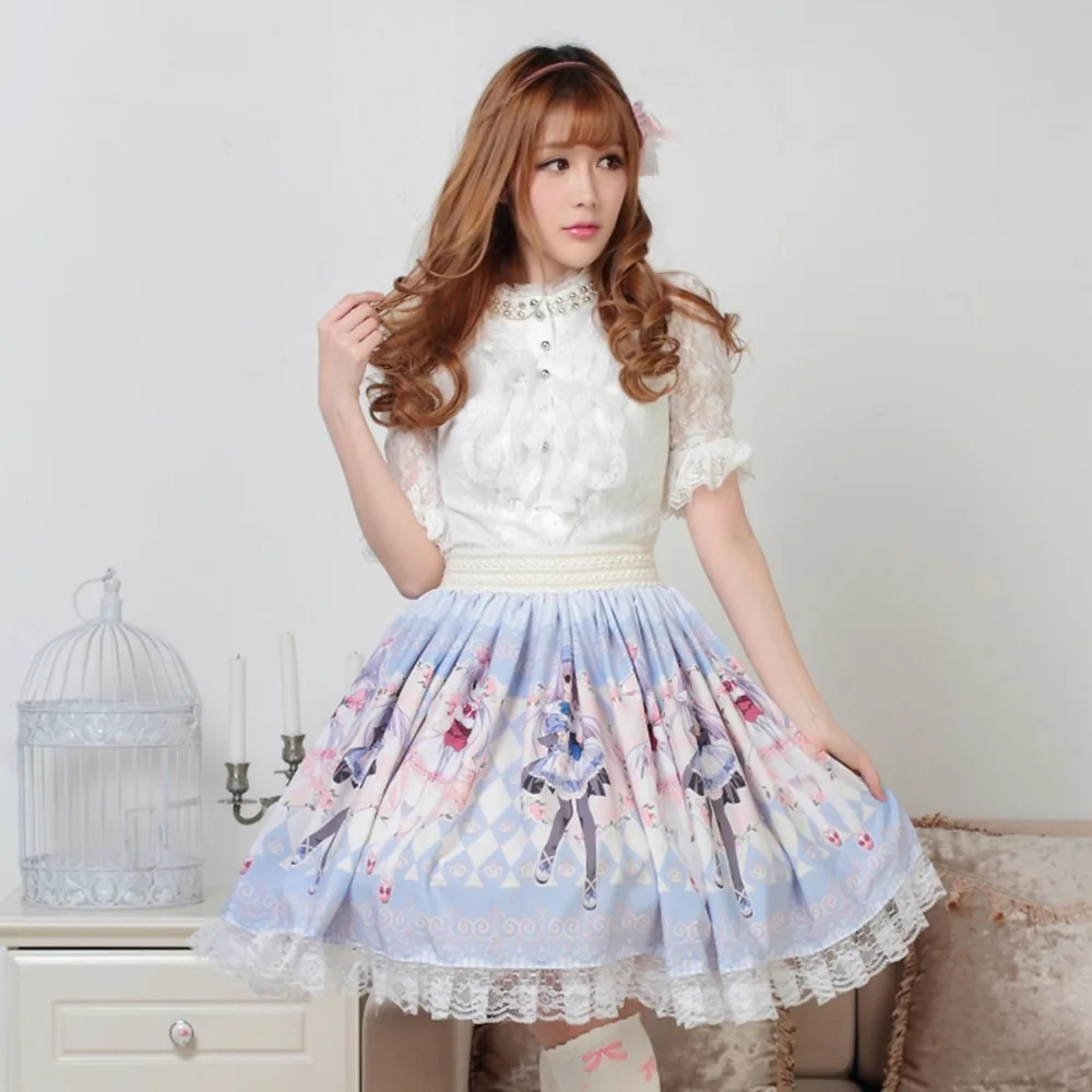 

sweet Pink Polyester cortoon Printed Lolita Skirt japanese Lace summer fashion elastic