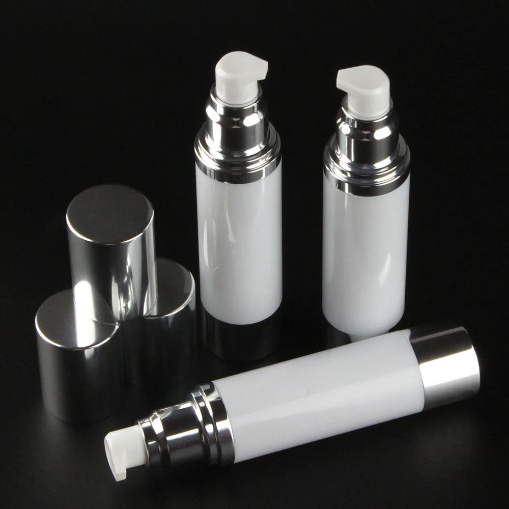 50 мл белая безвоздушная бутылка белый корпус блестящий серебристый