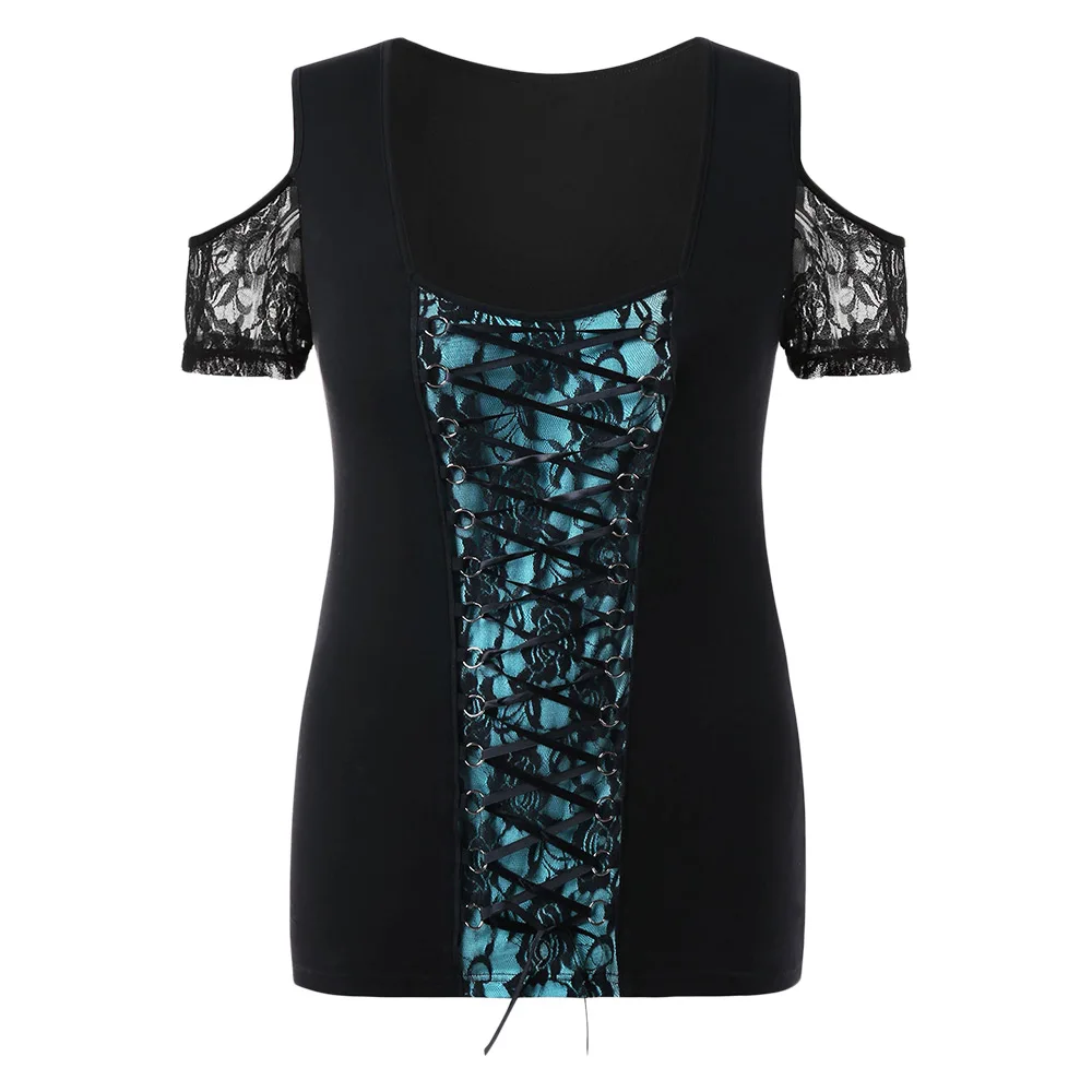 CosMera Sexy Scoop Neck Colder Shoulder Plus Size Cutout Lace Up T-Shirt Casual Short Sleeve Women Summer Tops Tee Shirt 2018 | Женская