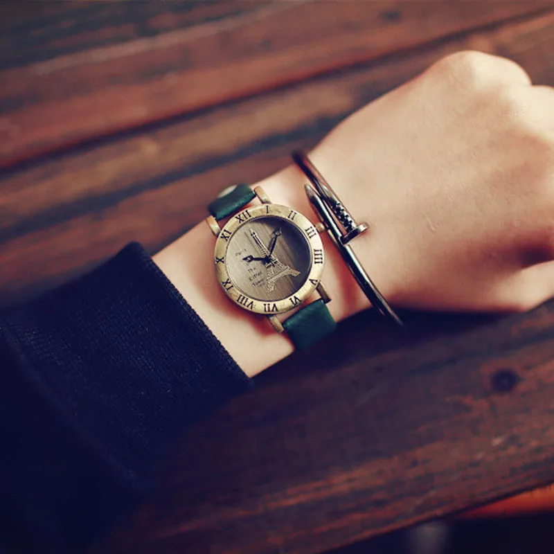 Классический Эйфелева башня винтажная римская циферблат латунь женские часы