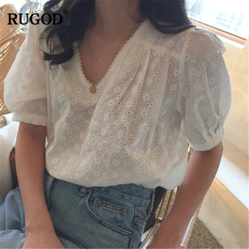 RUGOD 2019 Новое поступление Женская белая рубашка с v образным вырезом короткие