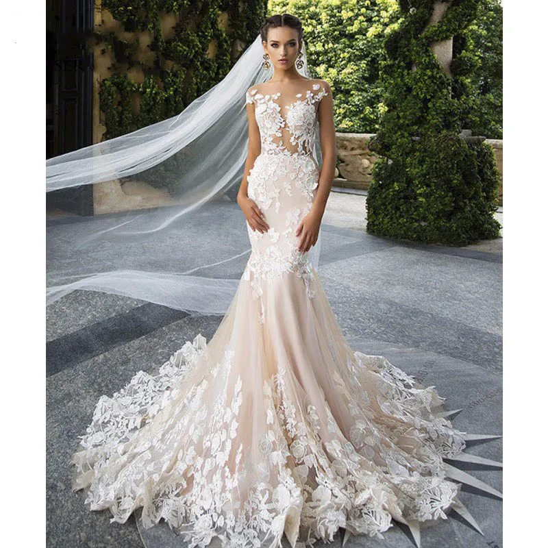 

Mermaid Light Champagne Wedding Dresses Sheer Neck Lace Appliques Illusion Bridal Gowns Cap Sleeve Vestios De Novia