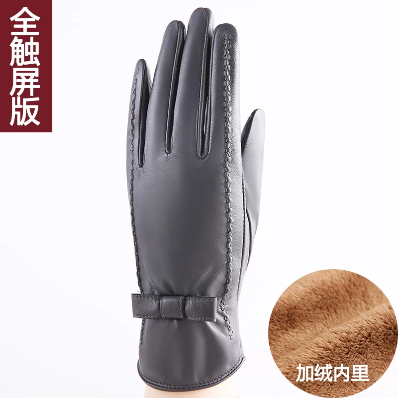 Genuine leather gloves women's fashion gloves winter add velvet thicken warm telefingers gloves touch screen sheepskin gloves068 - Цвет: Gray touch screen ve