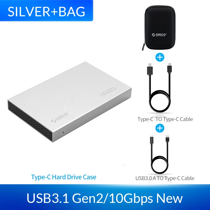 Silver Add Bag Чехол ORICO HDD 2,5 дюйма SATA для USB 3,1 type C Gen 2 чехол для samsung Seagate SSD 4 ТБ коробка для жесткого диска внешний корпус для жесткого диска - Цвет: Silver Add Bag
