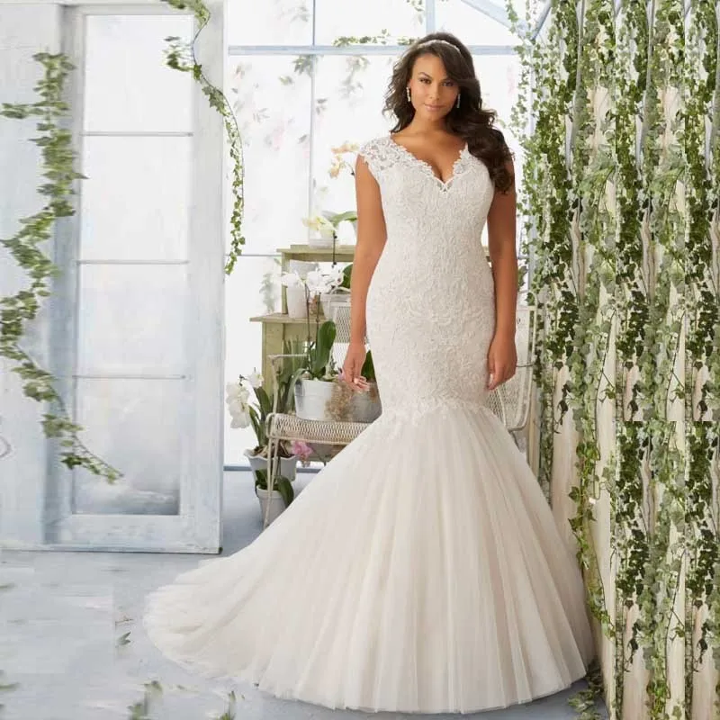 

White Lace Appliques Tulle Plus Size V-Neck Mermaid Wedding Dress Bride Gown robe de mariage JYS1308