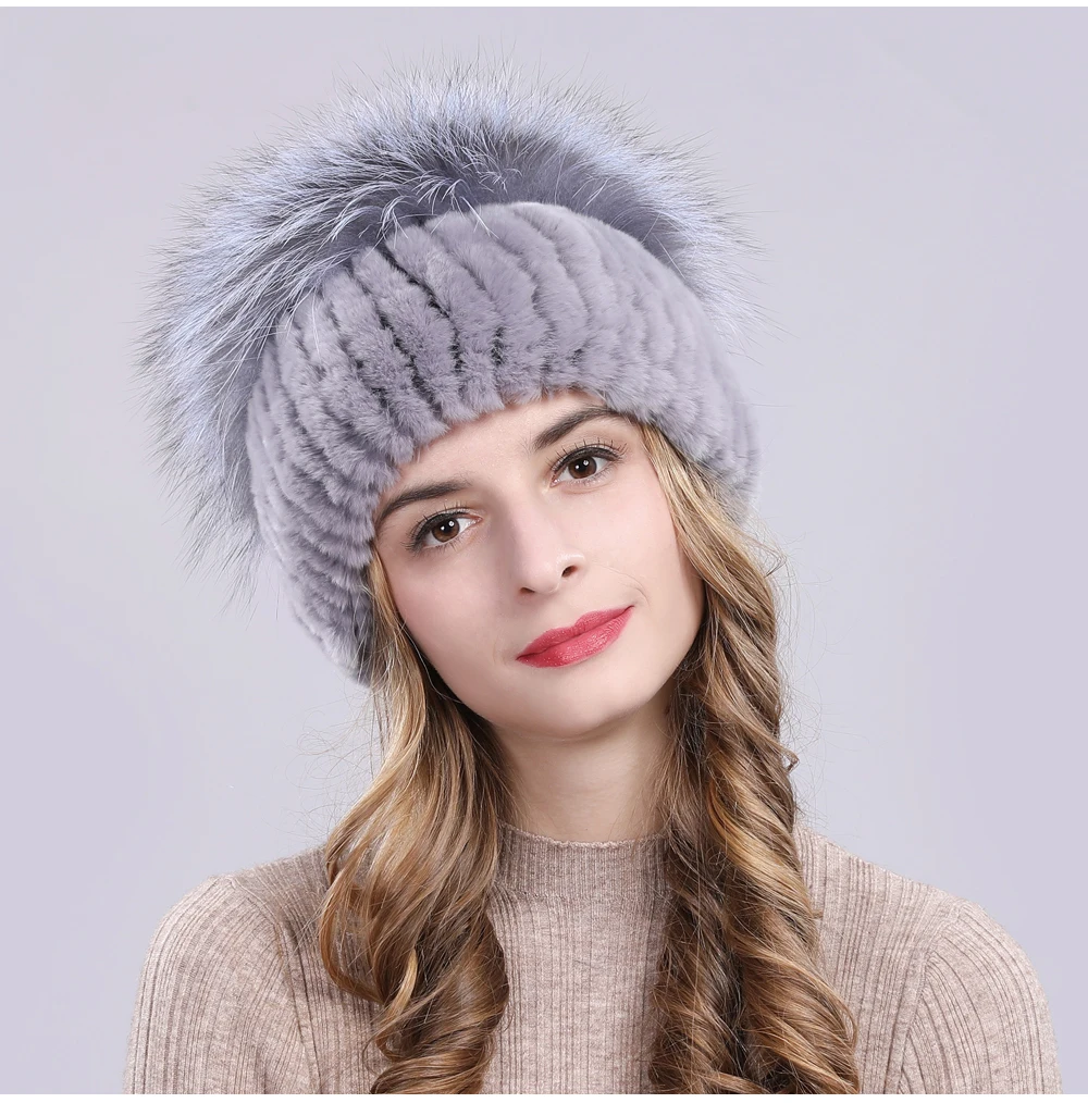 Outdoor Women Warm Soft Genuine Rex Rabbit Fur Hat Knitted Natural Real Sliver Fox Fur Caps Winter Real Rabbit Fur Beanies Hats