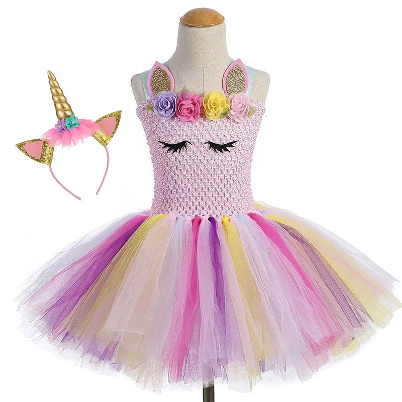 Dress with Headwear Милое Пастельное платье-пачка принцессы для девочек с единорогом на день рождения, с повязкой на голову, с розовыми цветами, для девочек, с пони, костюм для вечеринки, комплект для праздников - Цвет: Dress with Headwear