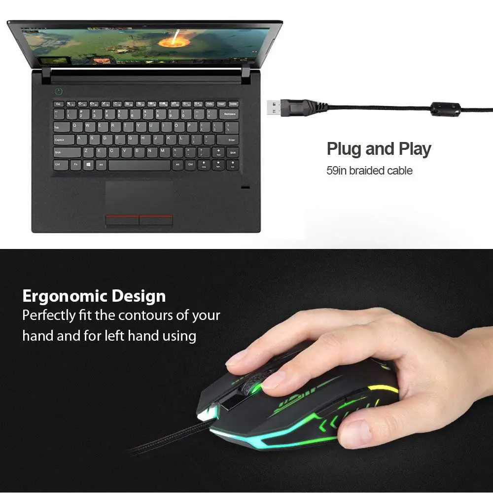 Проводная игровая мышь UHURU 6 кнопок 1200/1600/2400/3200 DPI компьютерная 7 цветов
