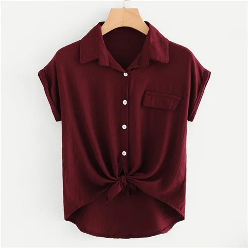 Burgundy Dotfashion, свернутая манжета, пуговица, завязанная кромка, рубашка, Женские топы и блузки, летние топы для женщин, Повседневная Блузка с коротким рукавом - Цвет: Burgundy