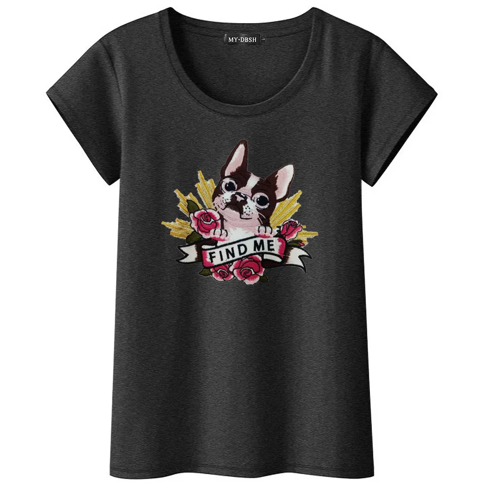 2021 Новое поступление женское платье с милой собачкой и вышитыми розами футболки