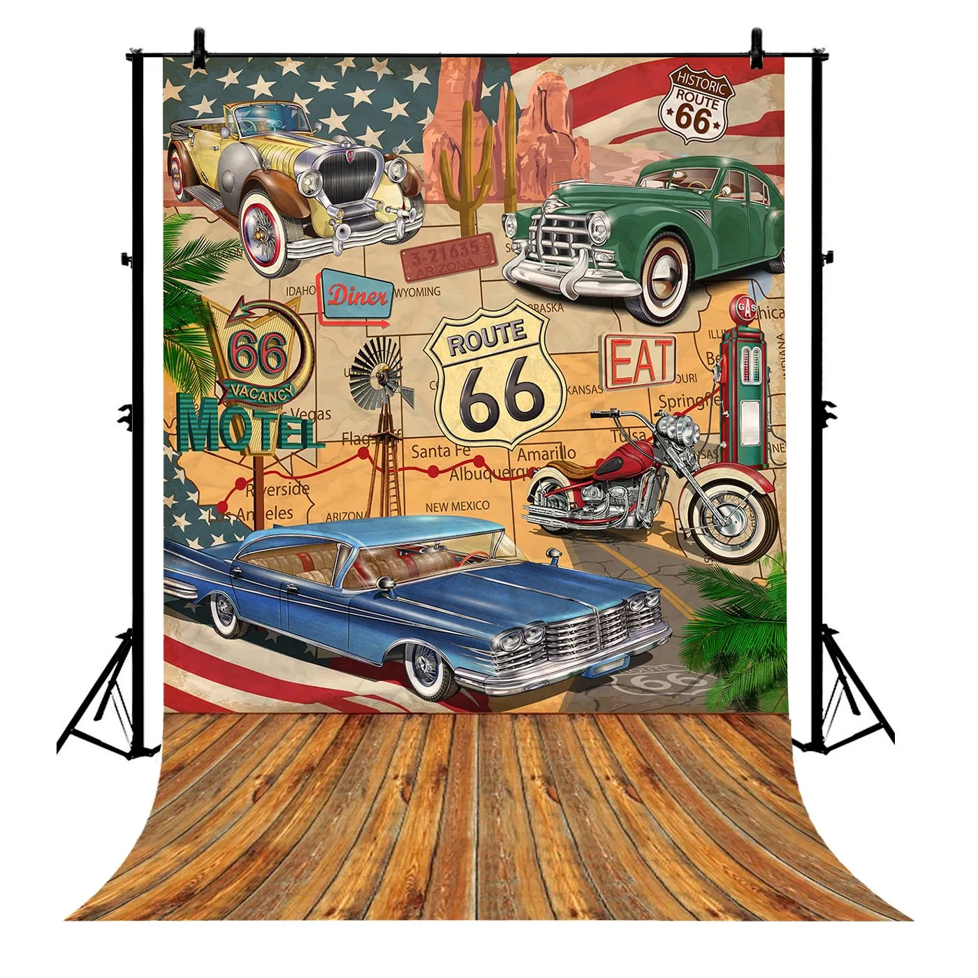5x7ft винтажный Route 66 Ретро Мотель Плакат полиэстер фото фон портретный |