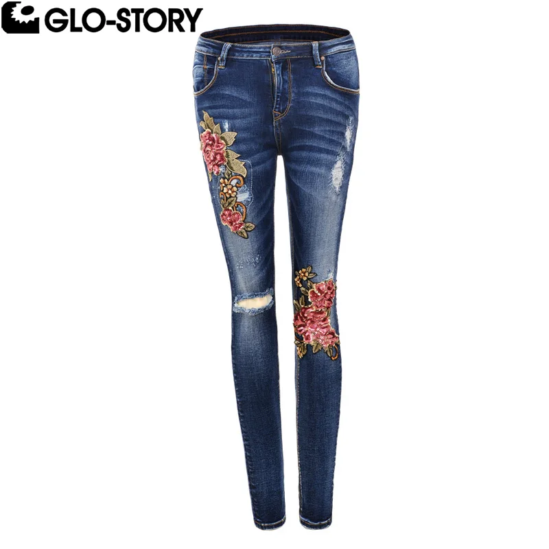 

GLO-STORY Women Floral Appliques Embroidered Jeans Ladies Distressed Ripped Jean Femme Knee Patchwork Skinny Pencil Pants 5579