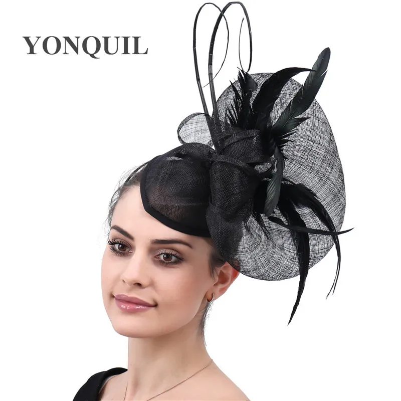 

Black Derby Fascinator Hats Ladies Feather Sinamay Cocktail Headwear Wedding Bride Church Women Hat Fedora Caps Headpiece Party