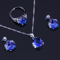 precious blue cubic zirconia white cz silver plated jewelry sets earrings pendant chain ring v0324