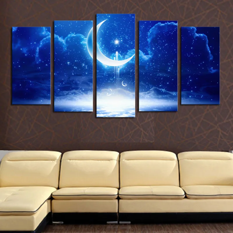 Poster 5 Panels Modern Decorative Picture Wall Pictures for Living Room Moon Starry blue night Sky | Дом и сад