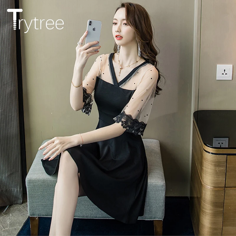 Летнее Повседневное платье Trytree женское кружевное черное ТРАПЕЦИЕВИДНОЕ в