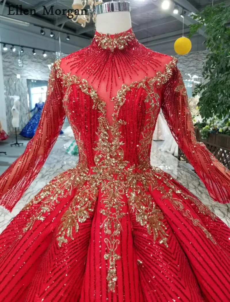 Красное свадебное платье с высоким воротом и длинным рукавом 2019 из блестящей