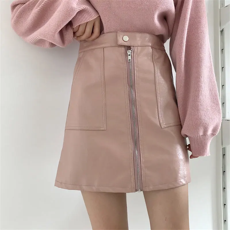 Alien Kitty Pink All Match PU Leather Zipper Pocket Women Slim Skirts High Waist Mini A-line Solid Simple Sexy Fresh | Женская одежда