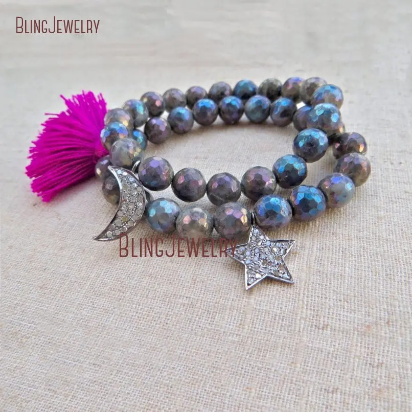 CZ Pave Moon and Star браслет в форме полумесяца с маленькими хлопковыми кисточками