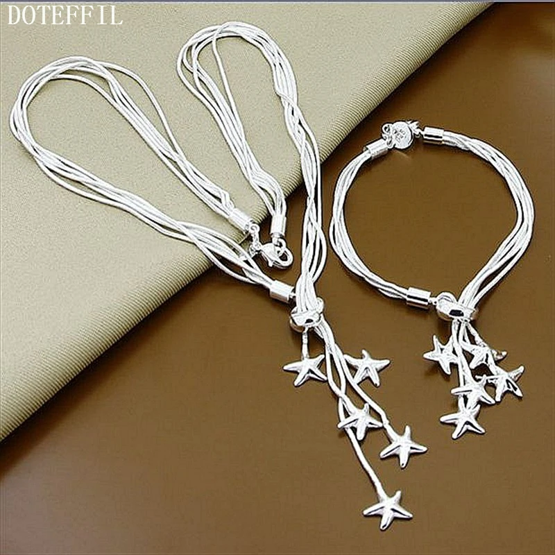 DOTEFFIL 925 Sterling Silver Five Starfish Snake Chain Necklace Bracelet Set For Woman Wedding Engagement Party Charm Jewelry | Украшения и