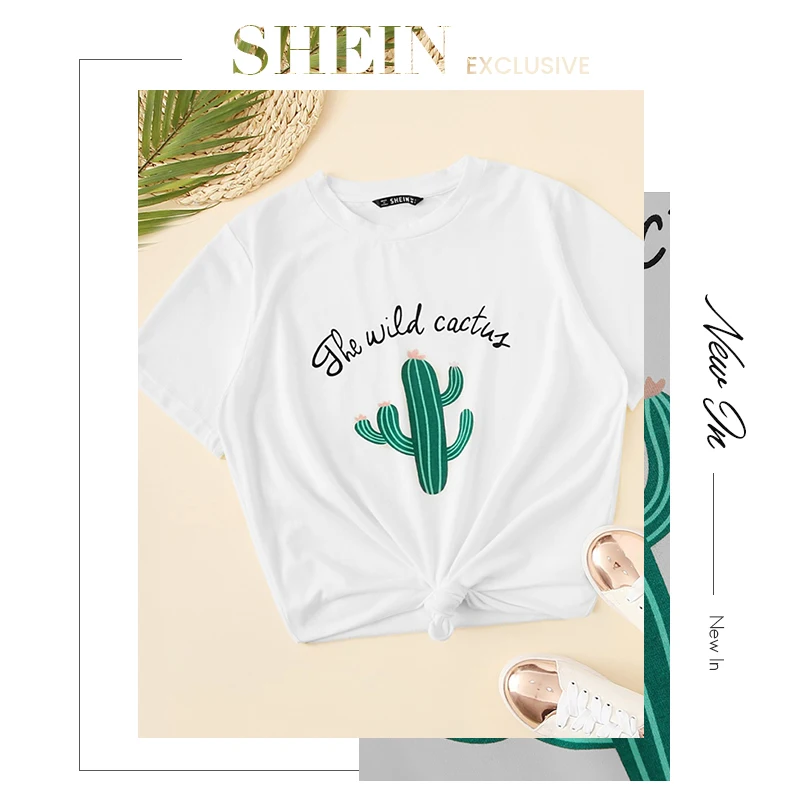 SHEIN Футболка С Графическим И Текстовым Принтом Стильный Укороченный Топ С Узлом И Принтом