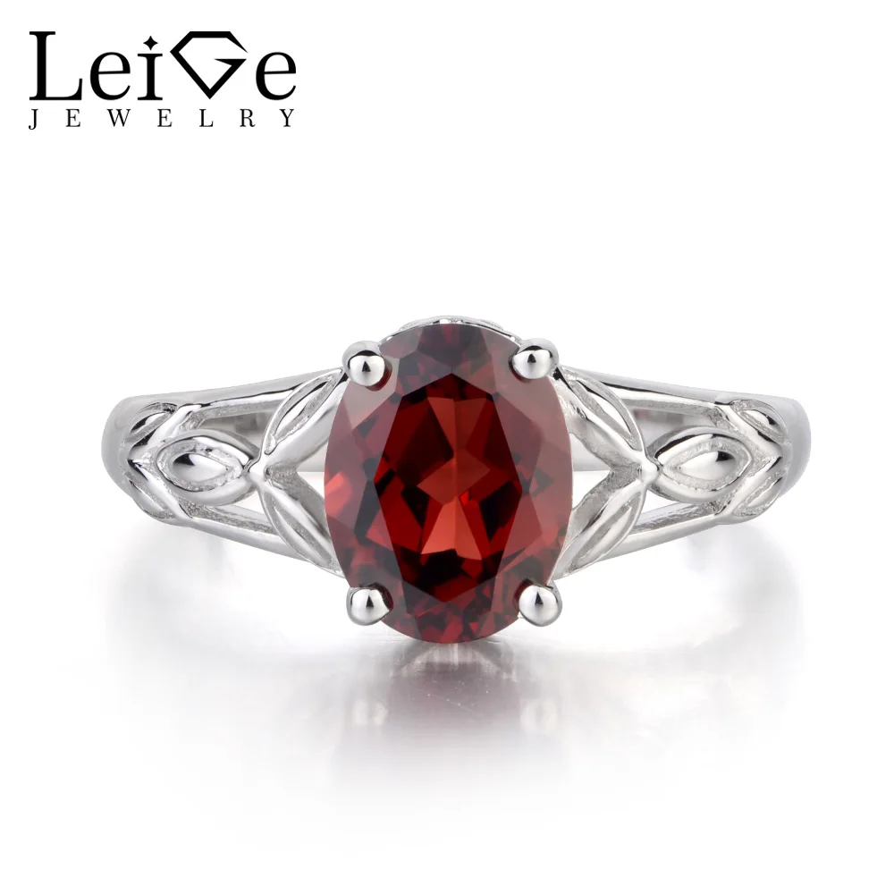 

Leige Jewelry Solitaire Genuine Red Garnet Ring Oval Cut Ring Gemstone wedding Ring January Birthstone 925 Sterling Silver Ring