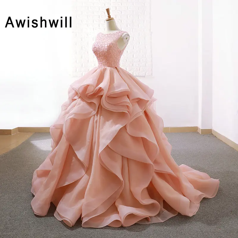 Gorgeous Long Prom Dress Scoop Neck Beading Lace Top Organza Puffy Ball Gown Evening Dress for Marriage Elegant Formal Gowns